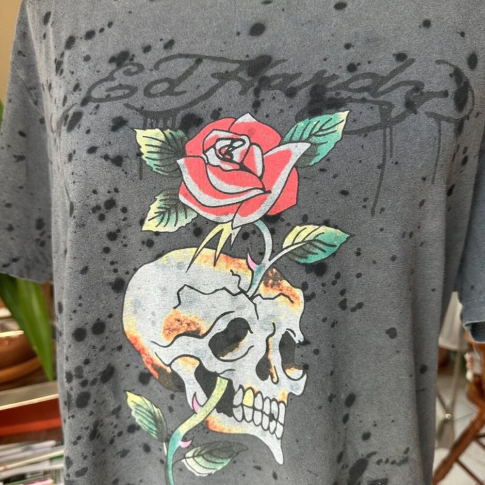 Ed Hardy Womens Distressed Tee, Gray and Black, L, Skull and Rose Design - Picture 3 of 14
